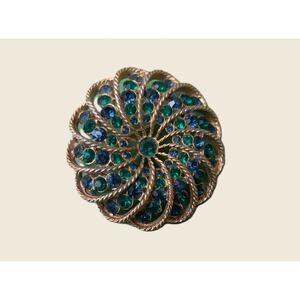 Vintage Blue & Green Rhinestone Spiral Brooch Gold-Tone Filigree Swirl Pin MCM